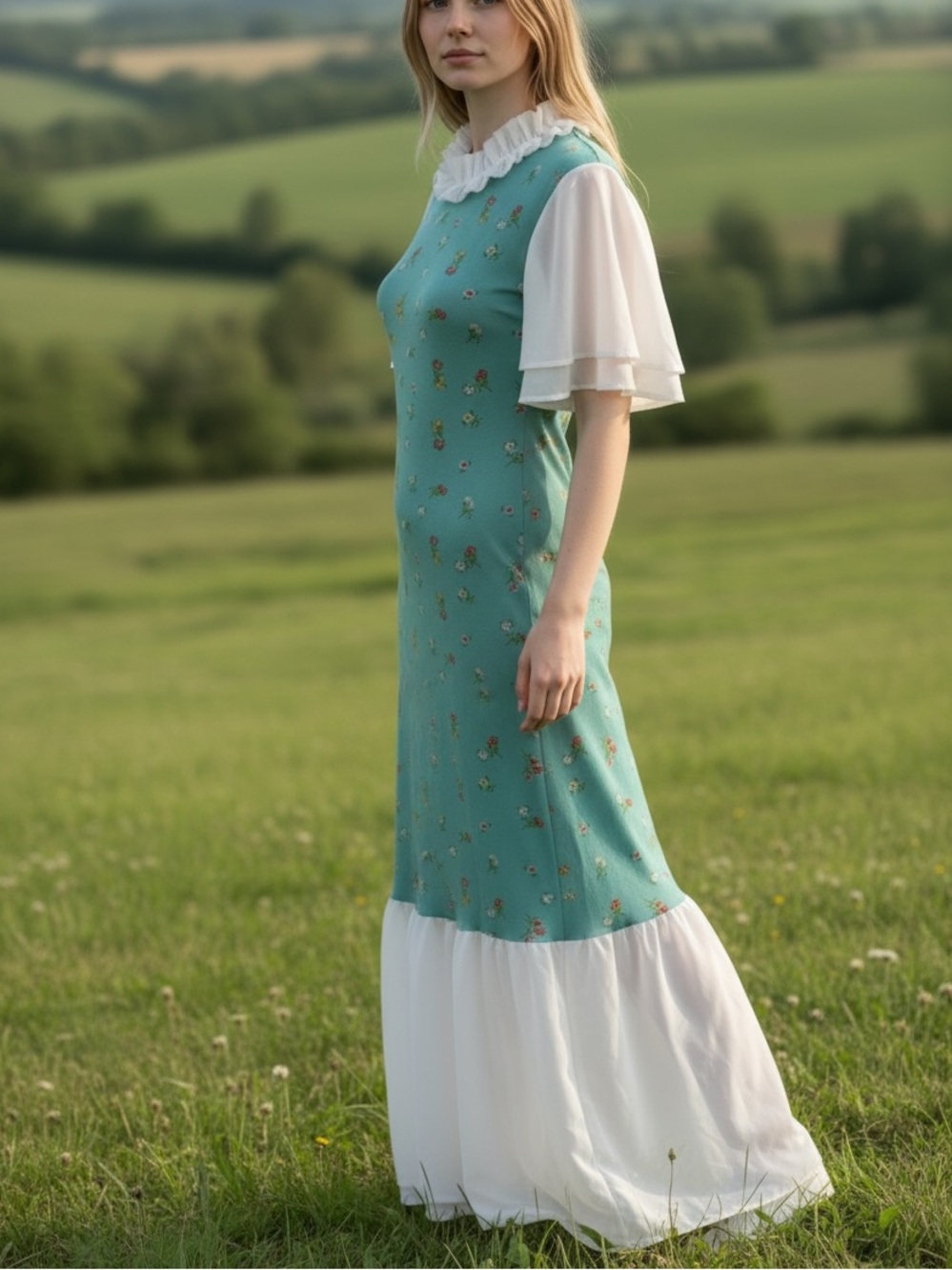 Vintage-Style Prairie Maxi Dress Ditsy Floral Flutter Sleeve Ruffle Collar Sz XS